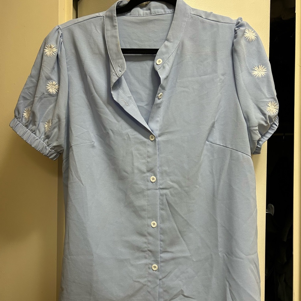 SHEIN Light Blue Blouse with White Floral Embroidery